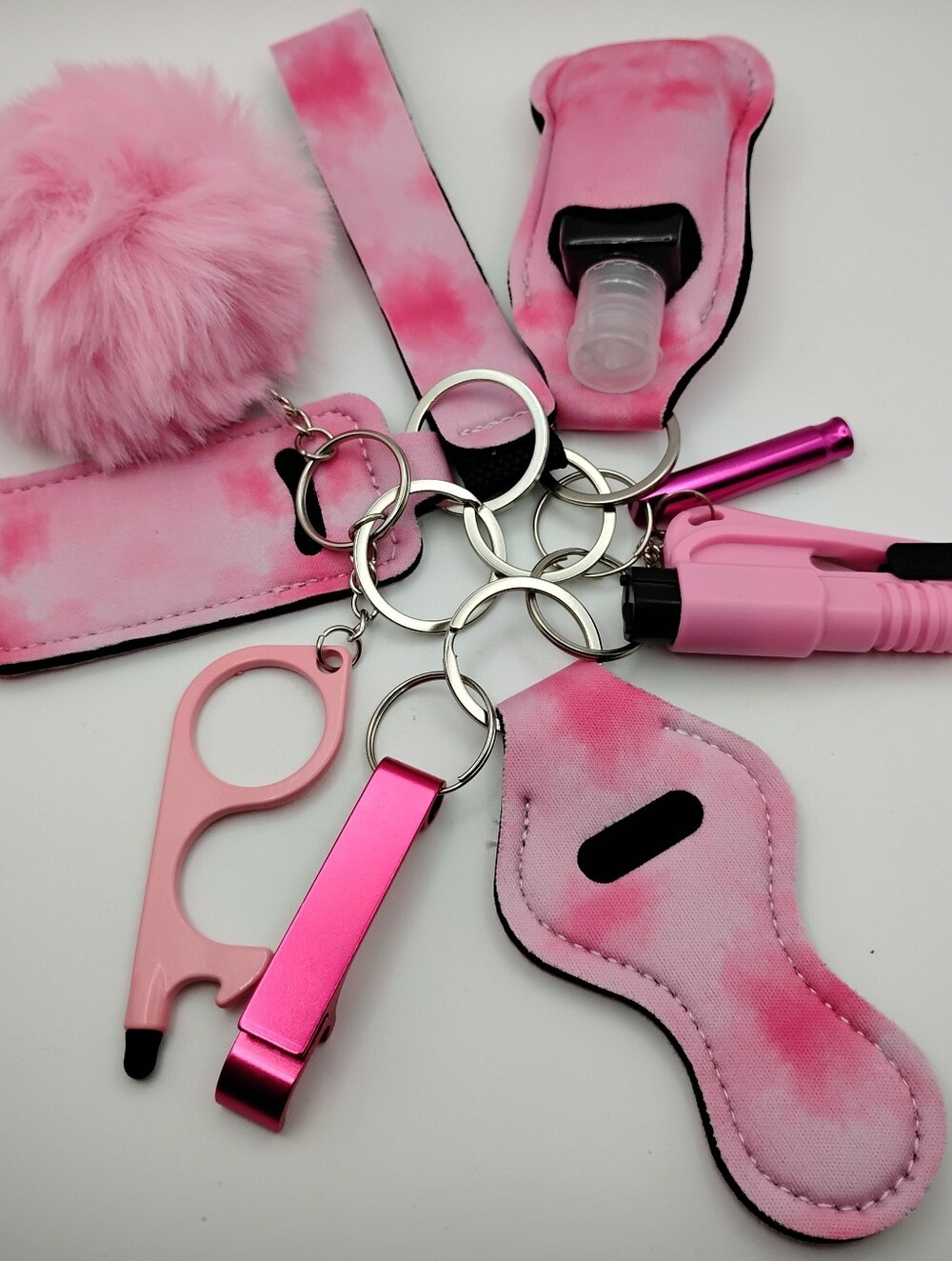 Pink Tie-Dye Protection Keychain Set with 8 Accessories & A Wrist Handle